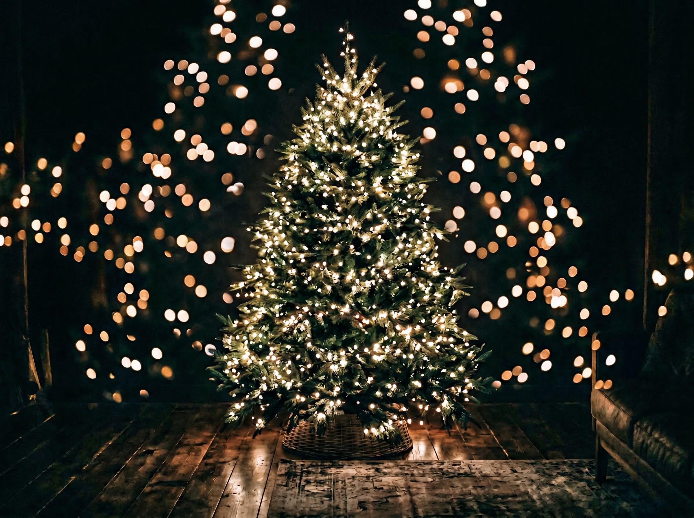 Christmas tree ablaze with warm white lights against darkness