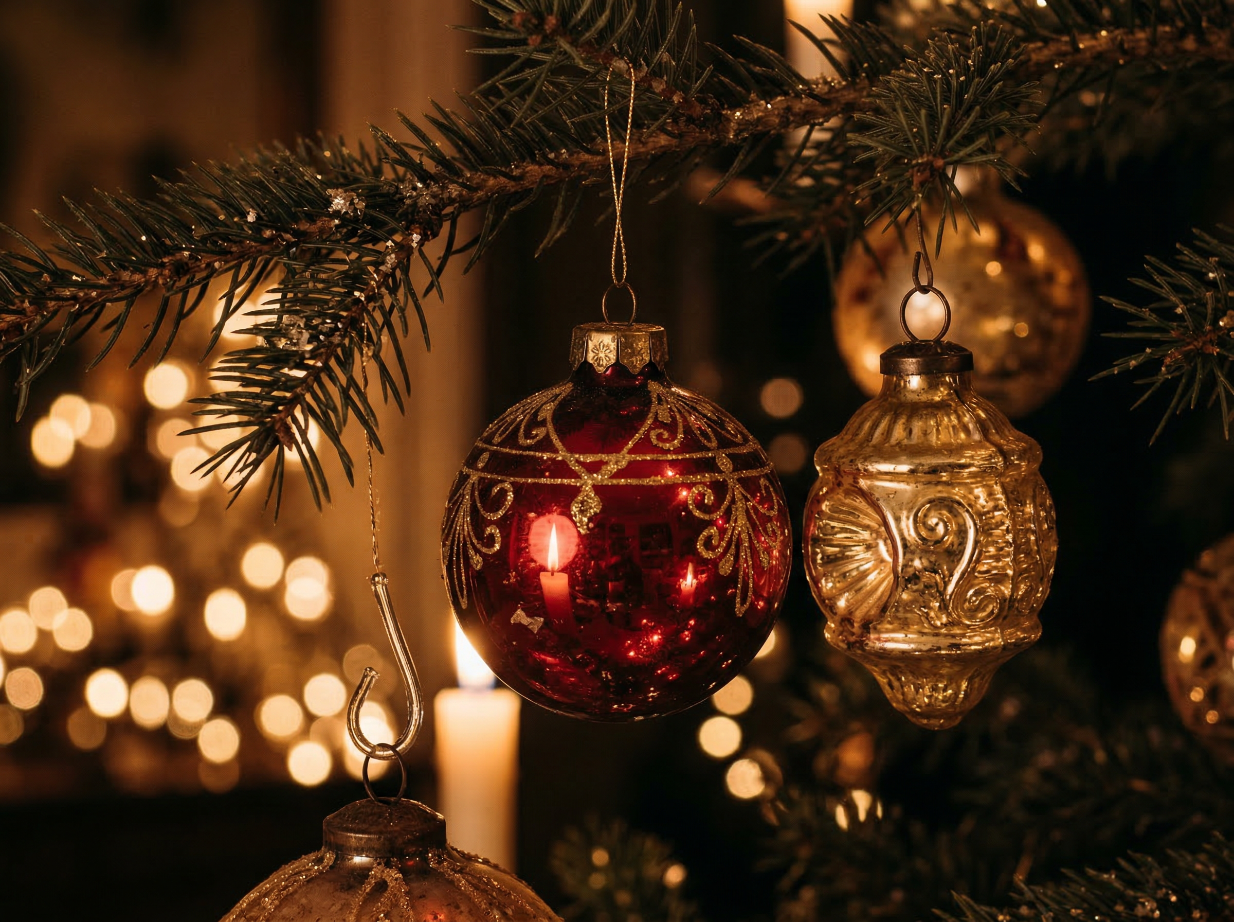 Close-up of heirloom Christmas ornaments on pine branches by candlelight