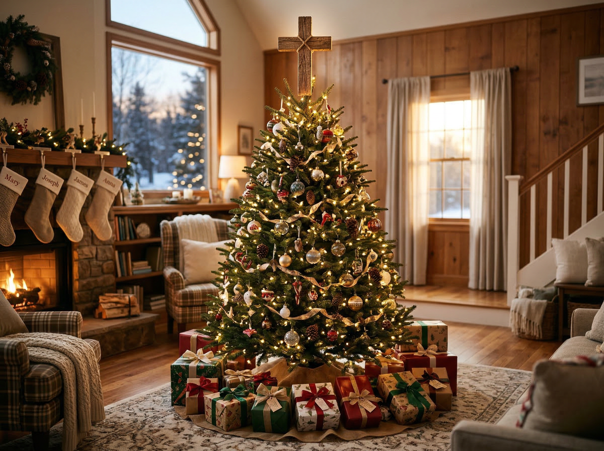A fully decorated Christmas tree with a wooden cross at the top and gifts beneath