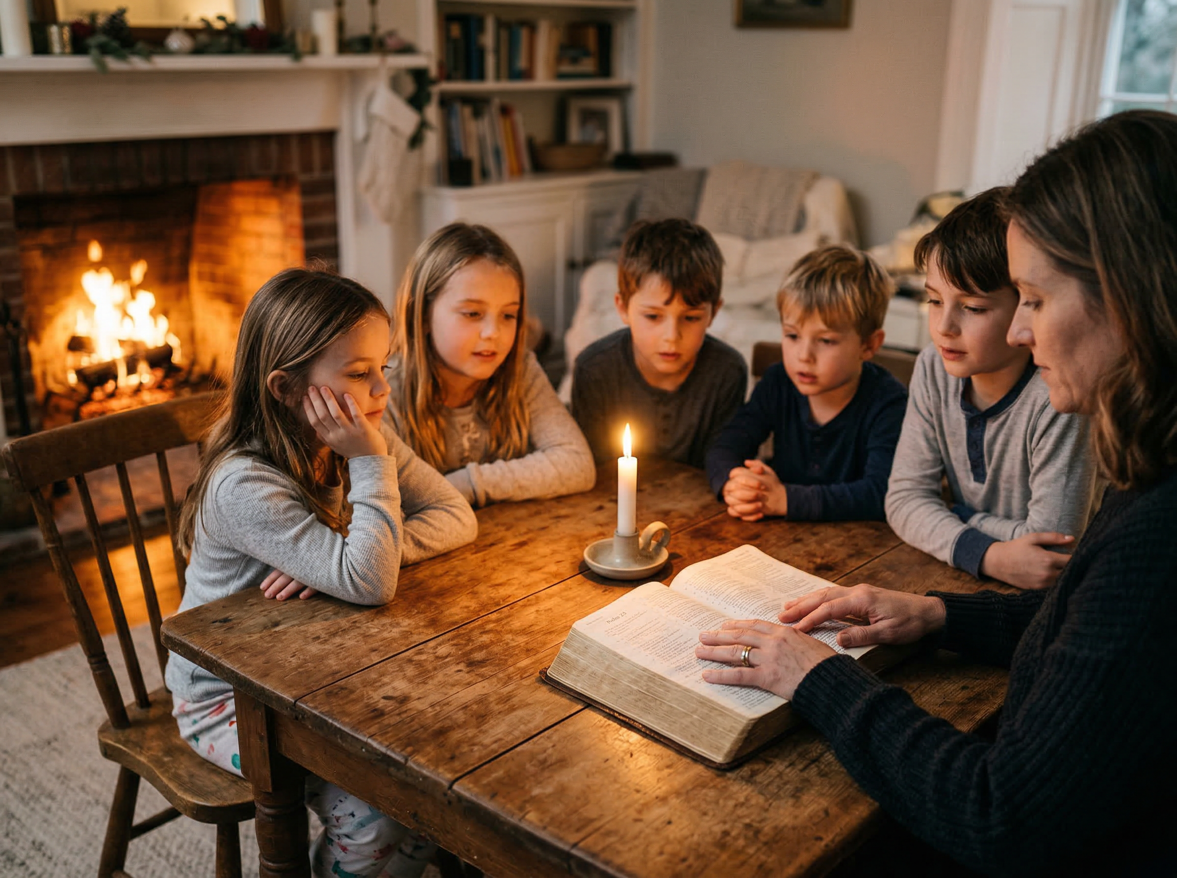 A mother reading the Bible by candlelight with children gathered around a wooden table